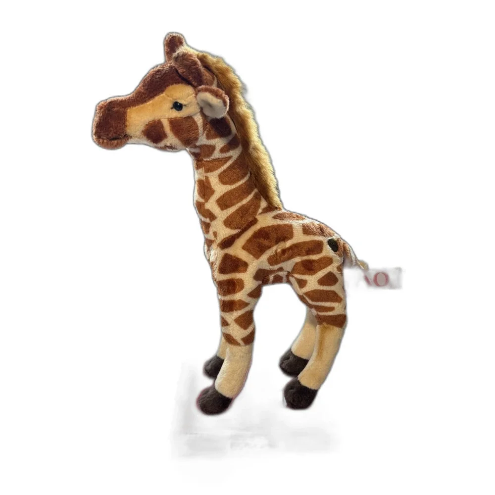 FAO Schwarz Miniature Giraffe Plush standing on a red FAO-branded display box.